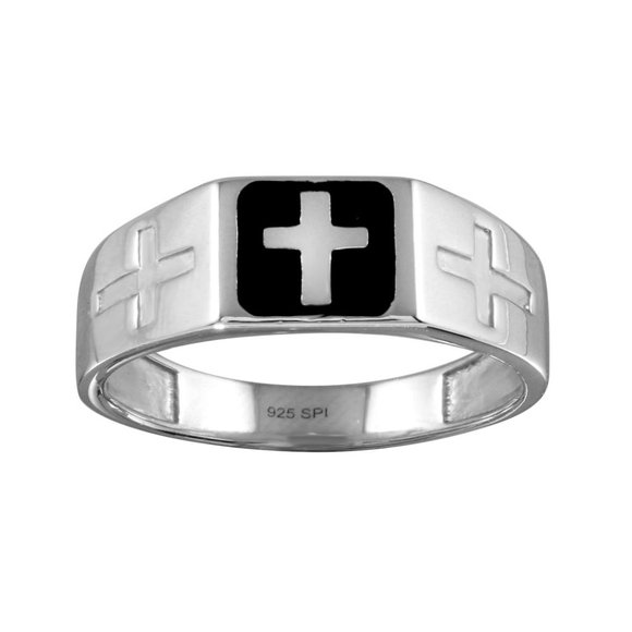 Silver 925 Rhodium Plated Black Enamel Cross Ring